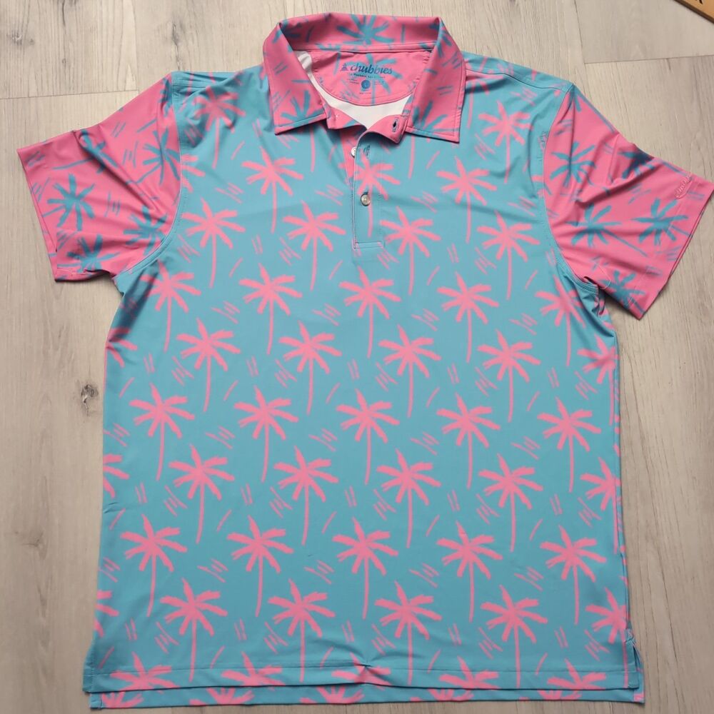 Chubbies Weekend Polo Shirt Mens L Blue/Pink Colorblock Palm Tree Performance